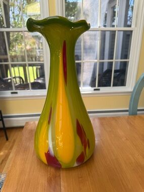 Handblown Art Glass Vase in Green, Yellow & Red